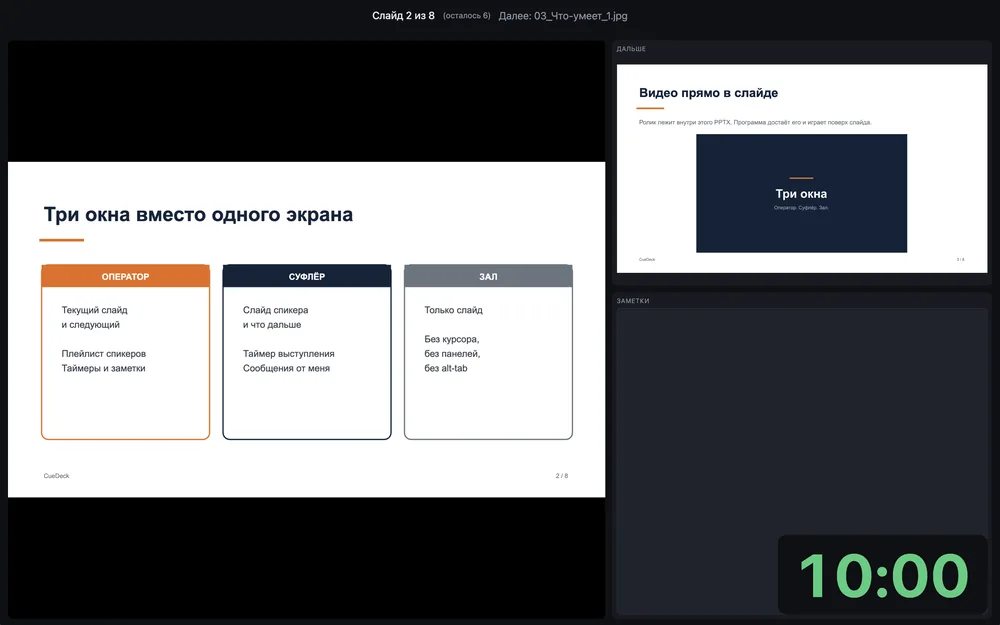 Окно суфлёра: слайд спикера, таймер выступления, сообщения